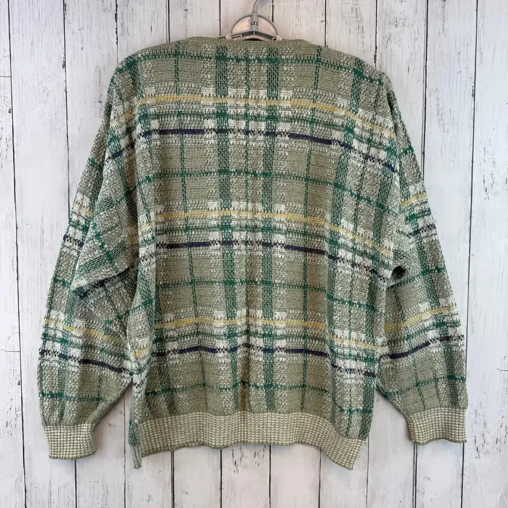 VTG Conte di Milano Green Plaid V-Neck Sweater Cosby Grandpa Italy Size Large